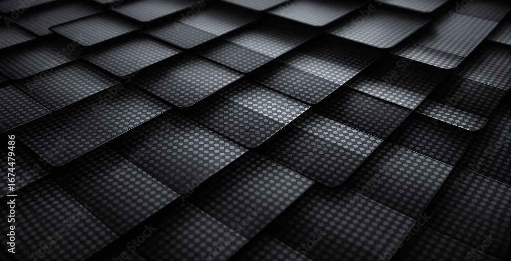 Poster futuristic carbon-style layered tile pattern with checkered texture in dark tones, concept of modern