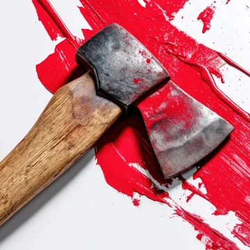 Spooky carpenter’s axe with red painted splashes on blade on white background