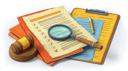 Legal due diligence paperwork icons showing contract review, risk checklist, and investigation files used in corporate law enforcement and transactional audits