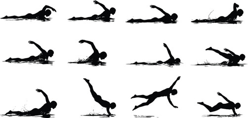 Swimmer silhouette in water, swimming stroke action, freestyle technique, sports training illustration, athlete motion, aquatic competition, fitness exercise, black shadow artwork