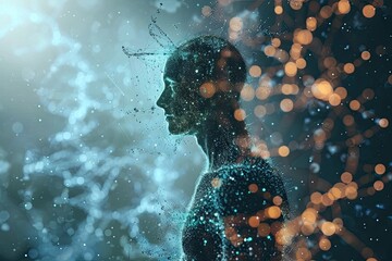 Man DNA genetic of human on virtual interface, communication with ai concept.