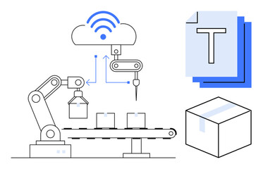 Robotic arm on conveyor with boxes and cloud wireless connection highlighting connected manufacturing. Ideal for technology, IoT, automation, logistics, industry 4.0, smart supply chain, simple