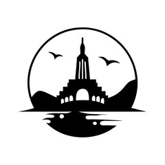 Vector art of hallgrmskirkja church silhouette in reykjavik, iceland, a famous landmark with birds flying around