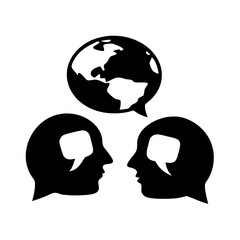 Vector art of global communication network with two human profiles facing each other, representing international dialogue