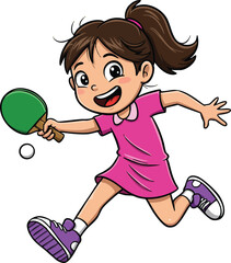 Girl playing table tennis with paddle and ball in pink dress and purple shoes energetic action vector illustration 