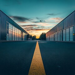 Industrial buildings with yellow line on asphalt road at sunset factory warehouse photo