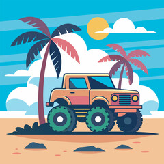 Palm tree with monster truck vector Illustration File