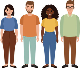 Diverse group of four casual young adults standing together with neutral expressions vector illustration 