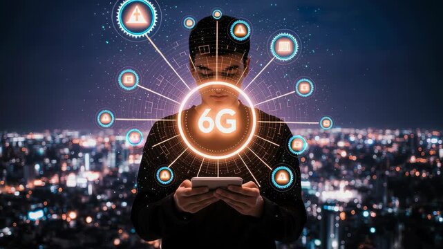 A person interacts with a digital tablet displaying 6G technology concepts against a city skyline at night, showcasing innovation in communication - Powered by Adobe