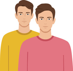 Obraz premium Two young men standing together wearing casual sweaters in yellow and pink colors vector illustration 