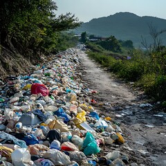 Roadside littered with vast amounts of plastic waste and trash pollution garbage photo