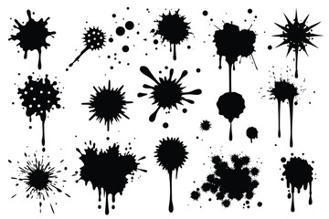 Black ink splatters and drops collection on white background creates dynamic abstract composition