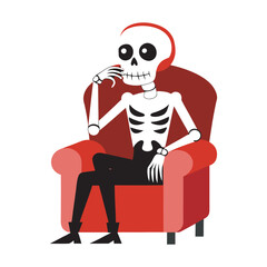 Skeleton sitting on a red armchair vector art 