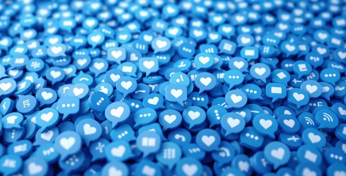 Pile of blue social media icons with love hearts and chat bubbles illustrating online engagement and digital communication concept on blue background. Ai generative