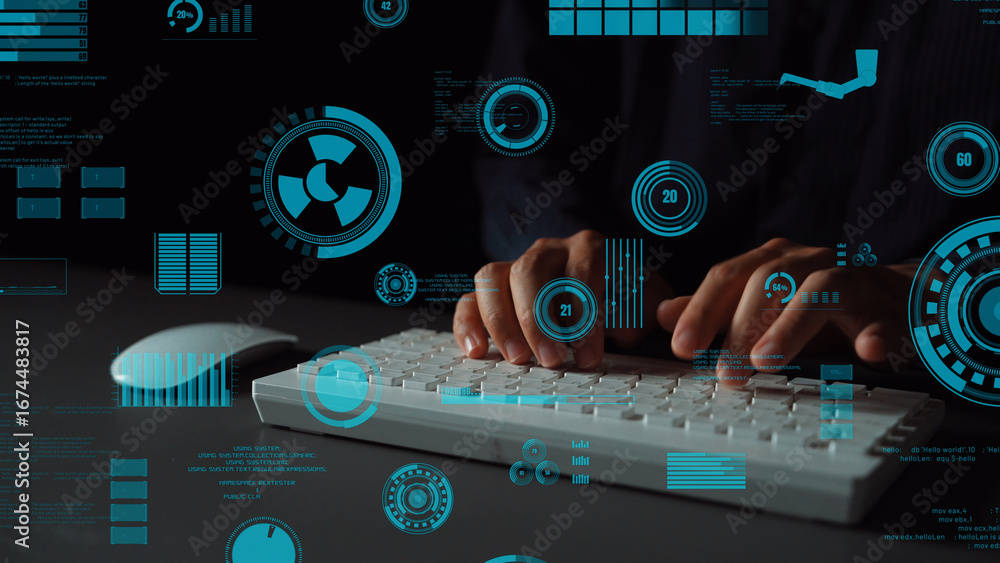 Aufkleber hands interacting with a keyboard in a high-tech environment, surrounded by blue graphical elements 