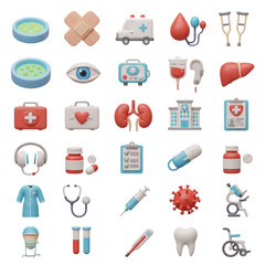 Collection of medical and healthcare icons representing various health services and equipment