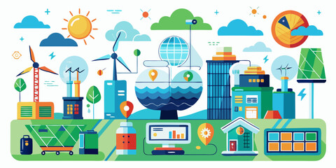 Modern sustainable city infrastructure with renewable energy sources and smart technology elements silhouette isolated on white background