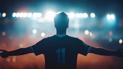 Silhouetted soccer player with arms outstretched, facing bright stadium lights at night.