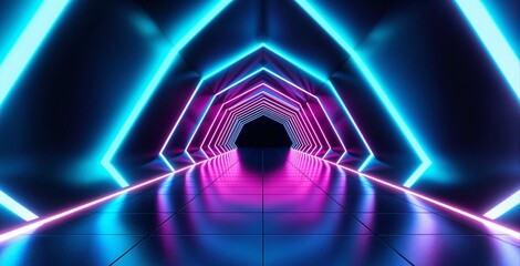 Futuristic neon tunnel with glowing blue and pink lights in geometric pattern on reflective floor, showcasing sci-fi concept in a digital environment. Ai generative