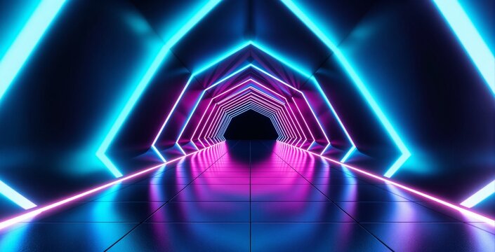Futuristic neon tunnel with glowing blue and pink lights in geometric pattern on reflective floor, showcasing sci-fi concept in a digital environment. Ai generative - Powered by Adobe