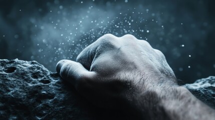 Chalked Climber Hand Over Ledge – Blue Tones and Dust Particles