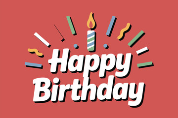 Happy birthday message with candle and confetti on a red background for birthday celebration event card design