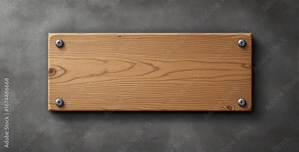 Poster blank wooden signboard template with screws on textured dark background for design mockup or concept
