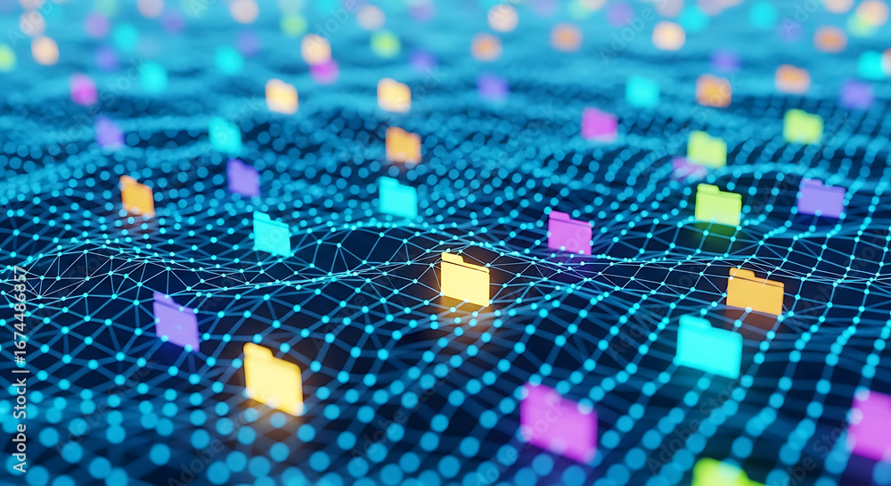 Aufkleber abstract digital network of glowing folders connected by lines and dots, representing data storage a