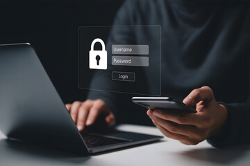User Logging into Laptop with Smartphone Showing Digital Lock Icon for Cybersecurity and Data Protection