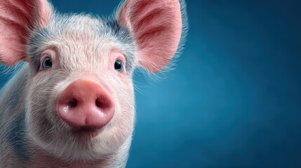 Cute pig with blue eyes looking curiously at the camera against a blue background in a bright and cheerful setting