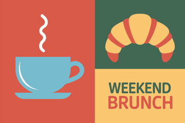 A graphic illustration of a weekend brunch with a cup of coffee and a croissant in flat design style