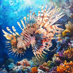 Lionfish Swimming Amidst Colorful Coral Reef Underwater marine ocean photo