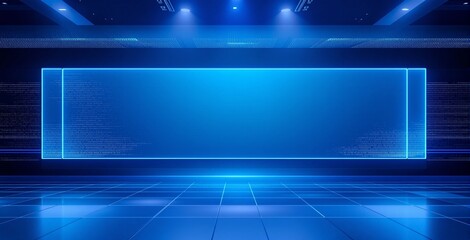Fototapeta premium Futuristic digital screen concept with glowing blue blank template in a high-tech virtual environment illuminated by spotlights on stage floor. Ai generative