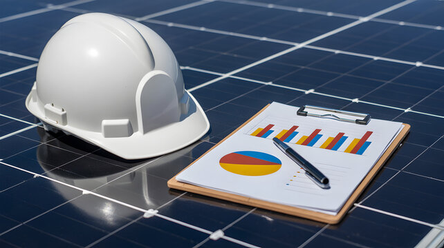 White Safety Helmet and Business Report with Charts on Solar Panel Representing Energy Analysis and Growth - Powered by Adobe