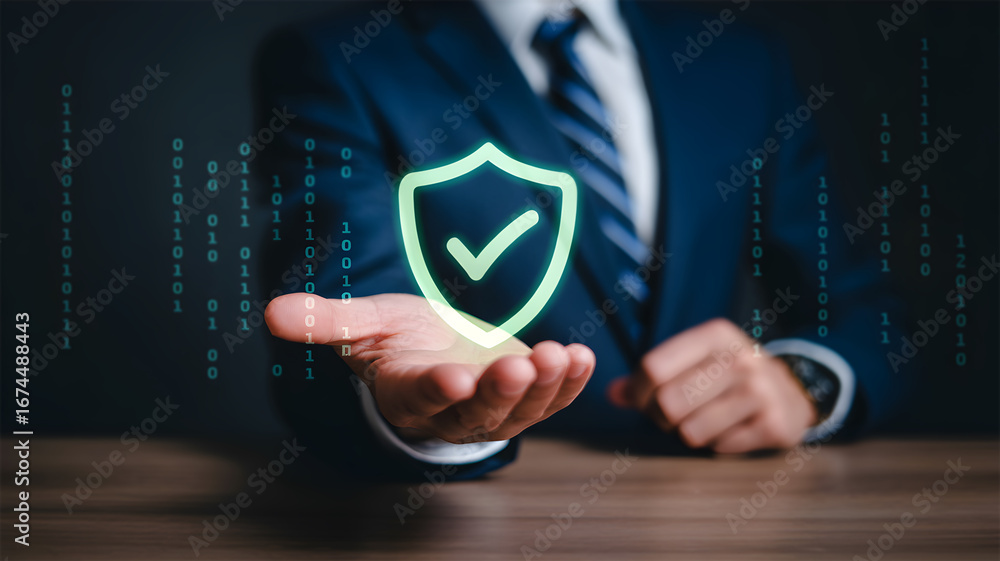 Poster businessman holding digital shield icon with checkmark representing cybersecurity and data protectio