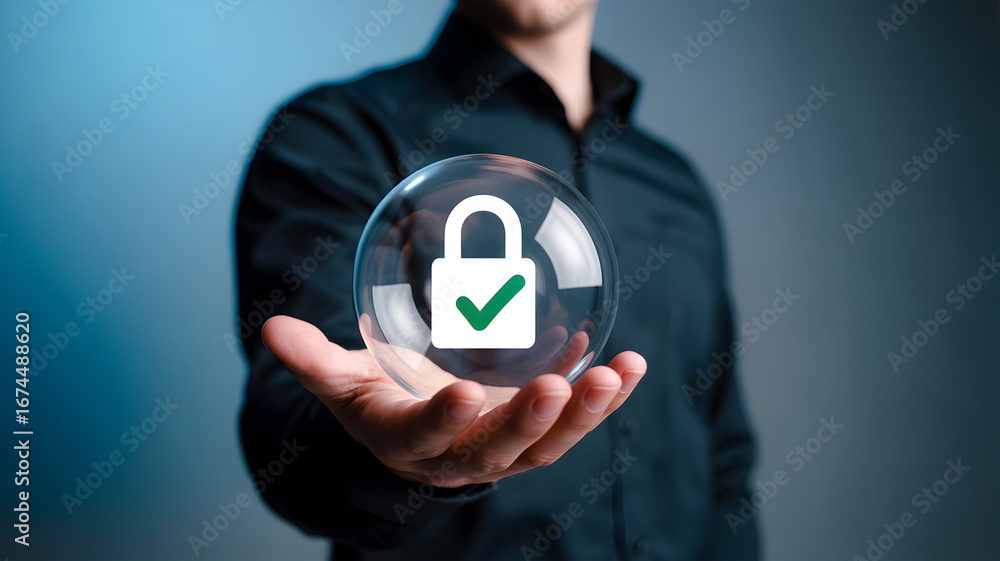 Poster man holding digital security lock icon with checkmark representing cyber protection and data privacy
