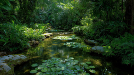 Tranquil tropical stream surrounded by lush greenery and lily pads, creating a peaceful, refreshing, and naturally serene atmosphere.