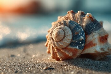 Unique seashell with American flag design on sandy beach at sunset reflecting beautiful colors