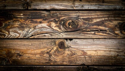 Obraz premium Close-up of weathered, natural wooden planks with knots, grain, and varying shades