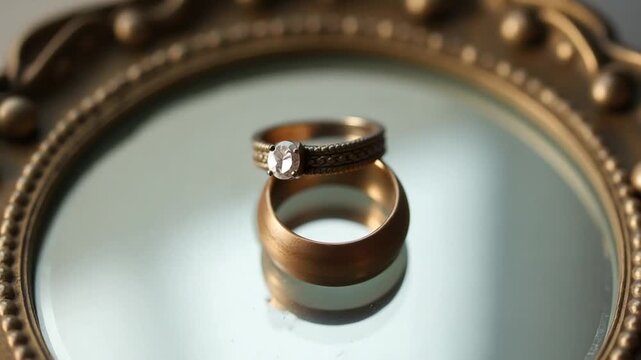 Beautiful wedding rings on a vintage mirror. wedding rings on the mirror surface