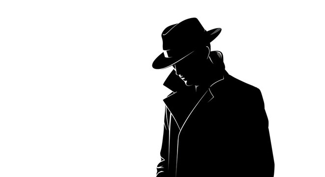 Silhouette of a man in a fedora and trench coat against a white background in a noir style