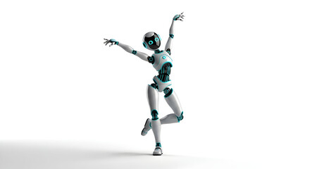 A white and teal robot in a ballet pose with arms raised against a white background in studio lighting