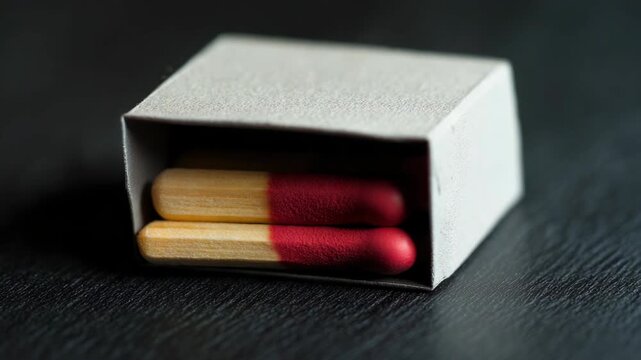 Three red-tipped matches in small box on dark surface