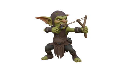 A green goblin with a slingshot on a white background is aiming with a mischievous expression on its face