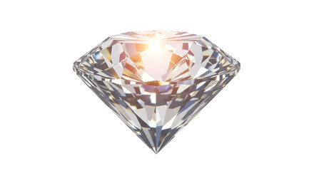 Isolated close up of a sparkling diamond with facets on a white background showing light reflection