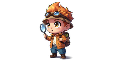 Cartoon boy with safari hat and backpack holding magnifying glass on a white background