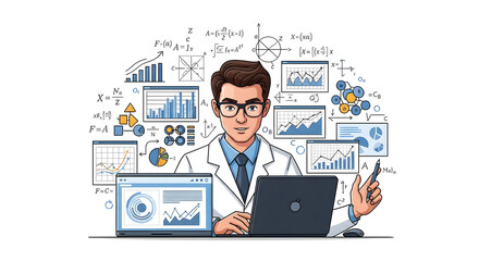 Scientist with glasses and lab coat working on laptops surrounded by graphs and equations