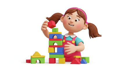 Cartoon girl with pigtails building a tower with colorful wooden blocks on a white background