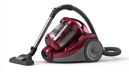 A red  vacuum cleaner isolated on a white background, symbolizing cleanliness, efficiency, home appliance, and modern household technology.