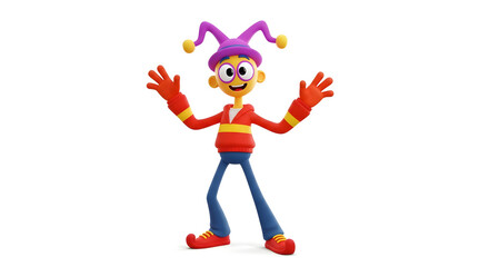 Obraz premium Cartoon character with jester hat and open arms standing on a white background in a full shot